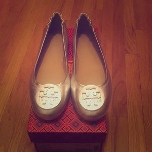 Silver Tory Burch Revas flats with classic logo